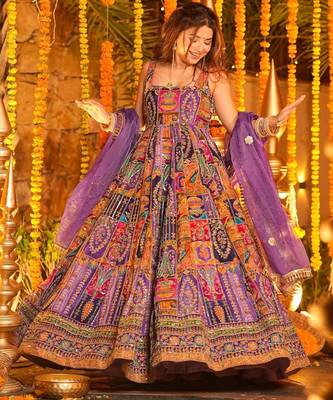 Purple heavy position print embroidered wedding wear maxi suit set 1