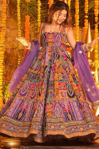 Purple heavy position print embroidered wedding wear maxi suit set