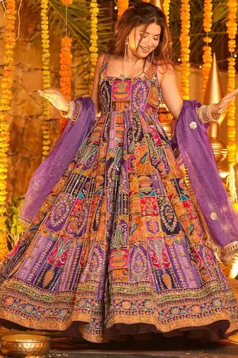 Purple heavy position print embroidered wedding wear maxi suit set