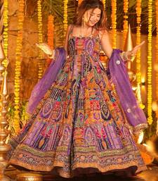Purple heavy position print embroidered wedding wear maxi suit set