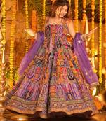 Purple heavy position print embroidered wedding wear maxi suit set
