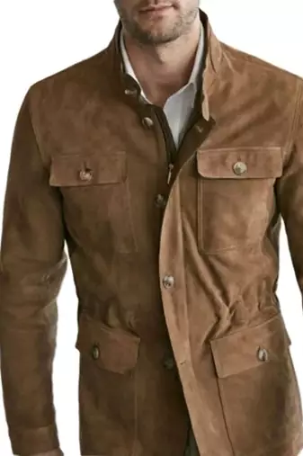 Men's brown suede leather field jacket button front blazer