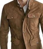 Men's brown suede leather field jacket button front blazer
