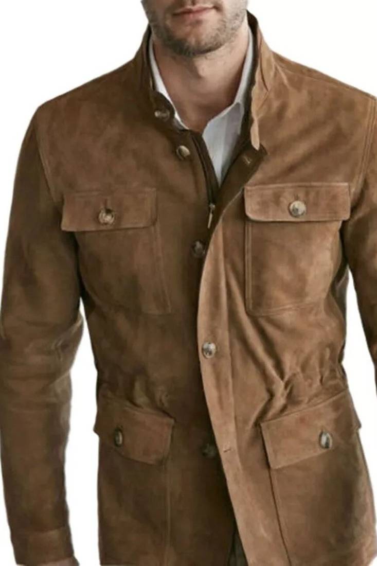 Men's brown suede leather field jacket button front blazer