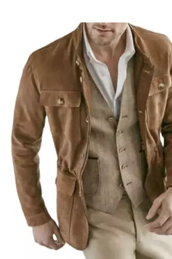 Men's brown suede leather field jacket button front blazer