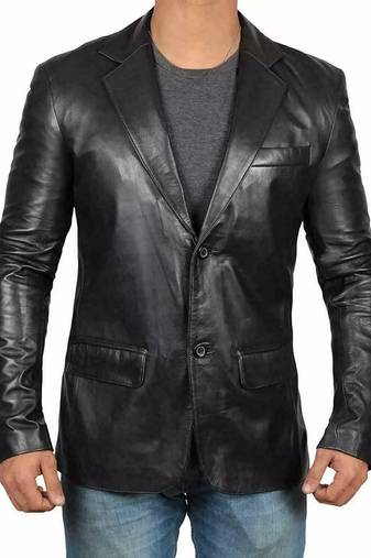 Men's black genuine leather blazer classic fit coat