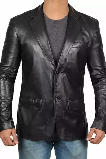 Men's black genuine leather blazer classic fit coat