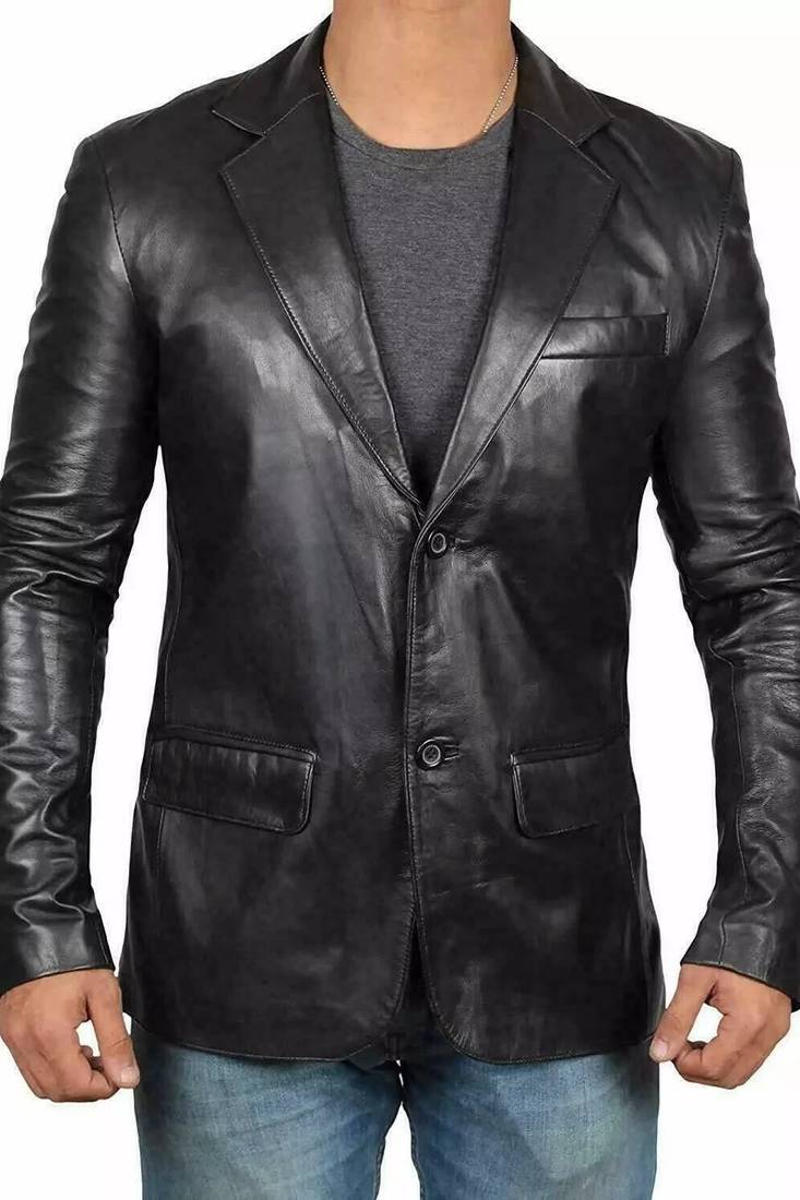 Men's black genuine leather blazer classic fit coat