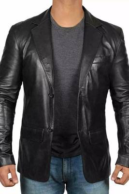 Men's black genuine leather blazer classic fit coat 2