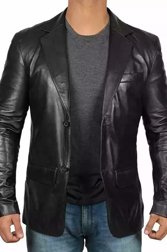 Men's black genuine leather blazer classic fit coat