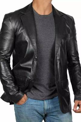 Men's black genuine leather blazer classic fit coat 3