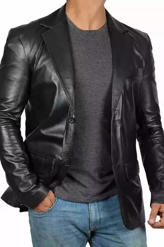 Men's black genuine leather blazer classic fit coat