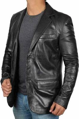 Men's black genuine leather blazer classic fit coat 4