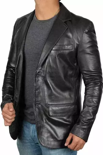 Men's black genuine leather blazer classic fit coat