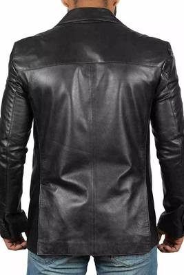 Men's black genuine leather blazer classic fit coat 5