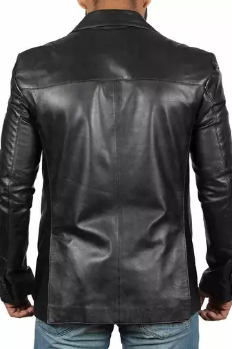 Men's black genuine leather blazer classic fit coat