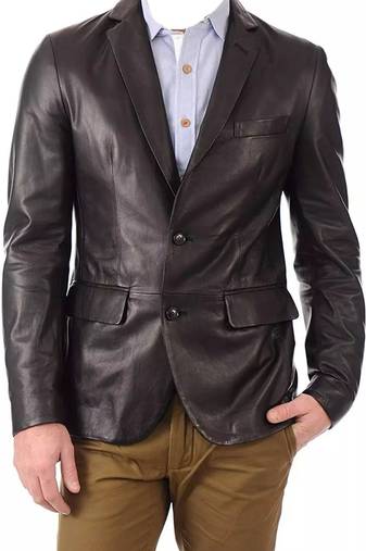 Men's black lambskin leather blazer two button coat
