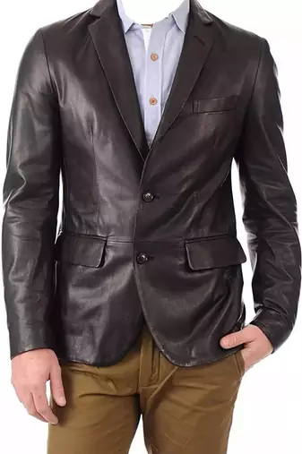 Men's black lambskin leather blazer two button coat
