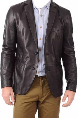 Men's black lambskin leather blazer two button coat 2