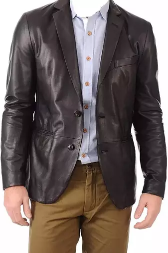 Men's black lambskin leather blazer two button coat