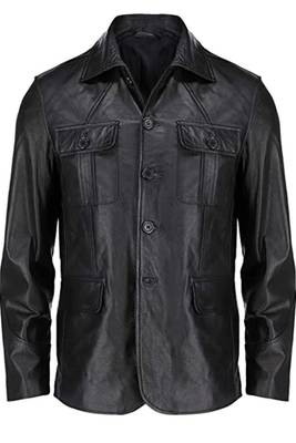 Men's black genuine leather shirt jacket button front blazer 1