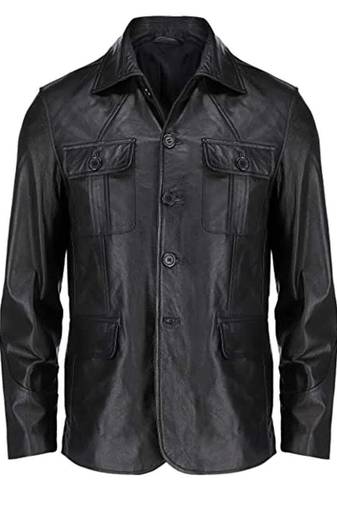 Men's black genuine leather shirt jacket button front blazer