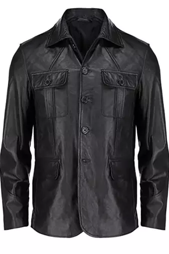 Men's black genuine leather shirt jacket button front blazer