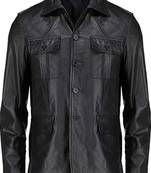 Men's black genuine leather shirt jacket button front blazer