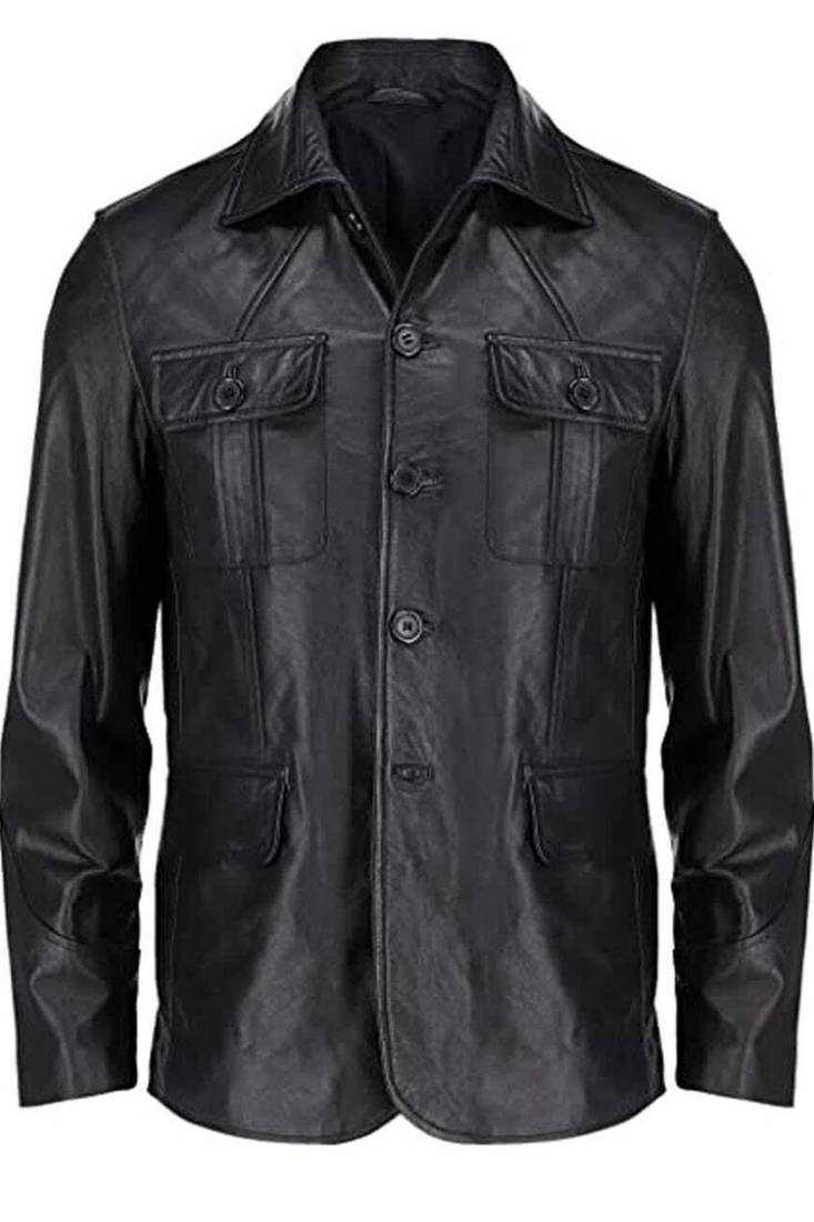 Men's black genuine leather shirt jacket button front blazer