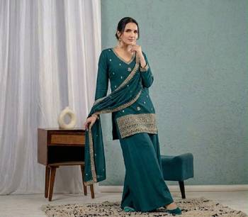 Women's teal green embroidered kurta sharara set with mal chanderi dupatta 1