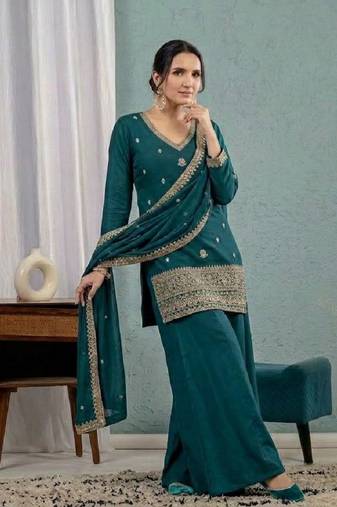 Women's teal green embroidered kurta sharara set with mal chanderi dupatta