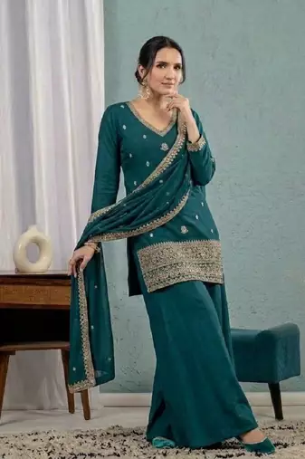 Women's teal green embroidered kurta sharara set with mal chanderi dupatta