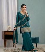 Women's teal green embroidered kurta sharara set with mal chanderi dupatta