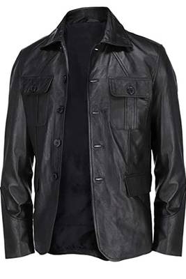 Men's black genuine leather shirt jacket button front blazer 2