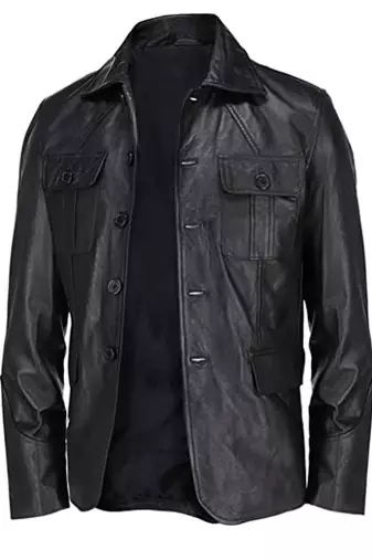 Men's black genuine leather shirt jacket button front blazer
