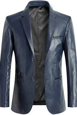 Men's navy blue lambskin leather blazer two button coat 1