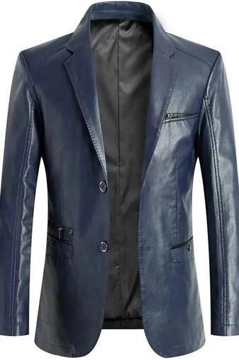Men's navy blue lambskin leather blazer two button coat