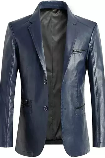 Men's navy blue lambskin leather blazer two button coat
