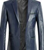 Men's navy blue lambskin leather blazer two button coat