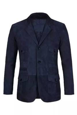 Men's navy soft genuine suede leather safari blazer jacket 1