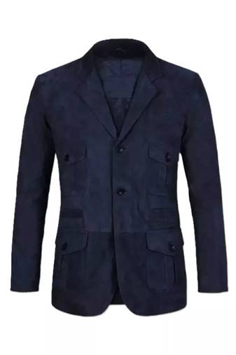 Men's navy soft genuine suede leather safari blazer jacket