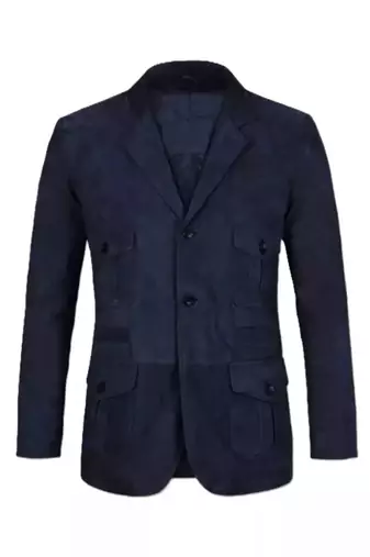 Men's navy soft genuine suede leather safari blazer jacket
