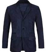 Men's navy soft genuine suede leather safari blazer jacket