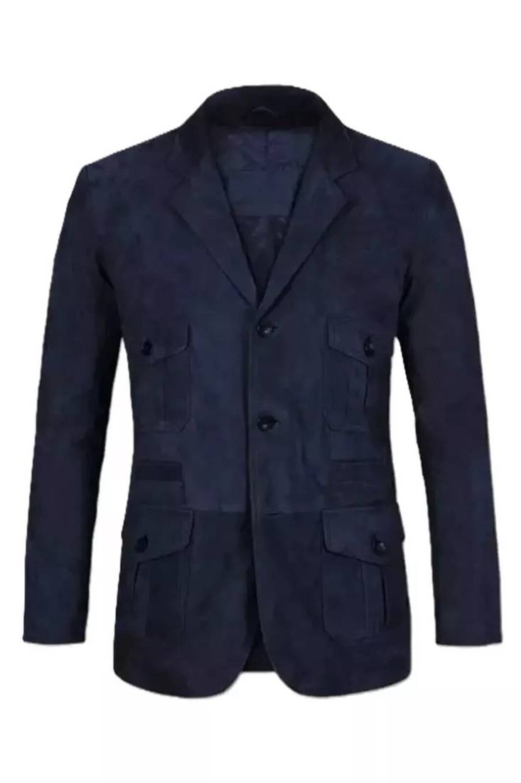 Men's navy soft genuine suede leather safari blazer jacket