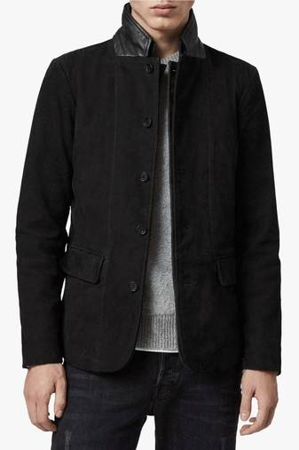 Men's black suede leather lambskin collar blazer coat