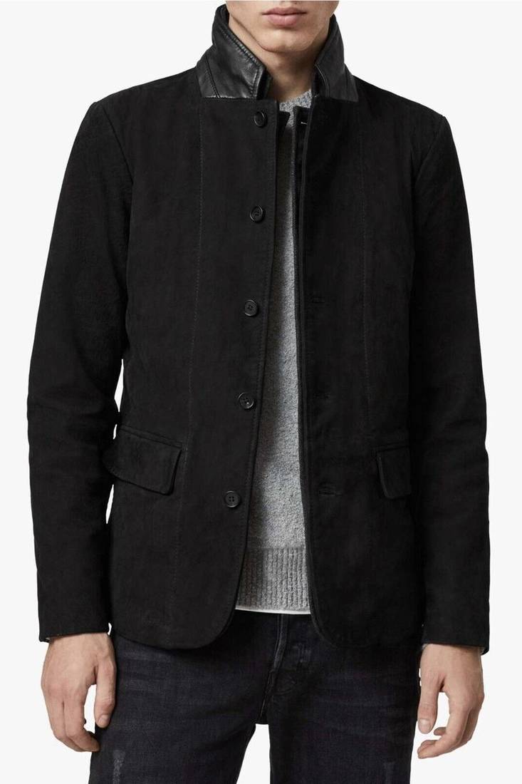 Men's black suede leather lambskin collar blazer coat