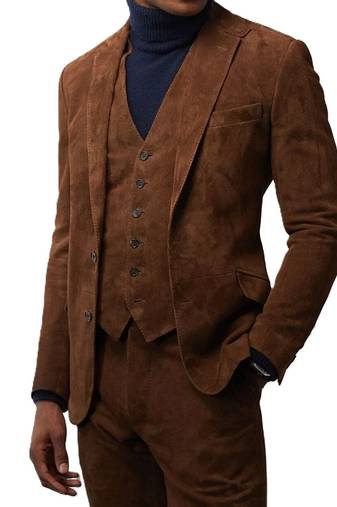 Men's brown soft suede 3 piece blazer real lambskin coat