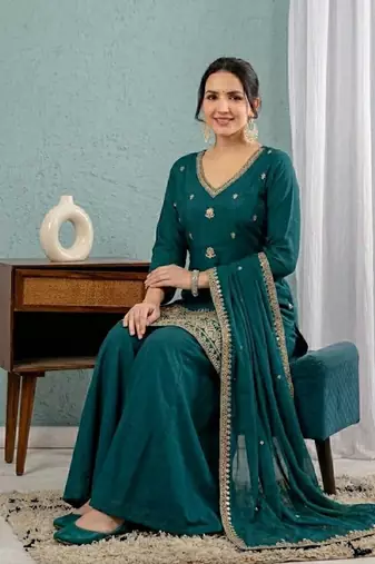 Women's teal green embroidered kurta sharara set with mal chanderi dupatta