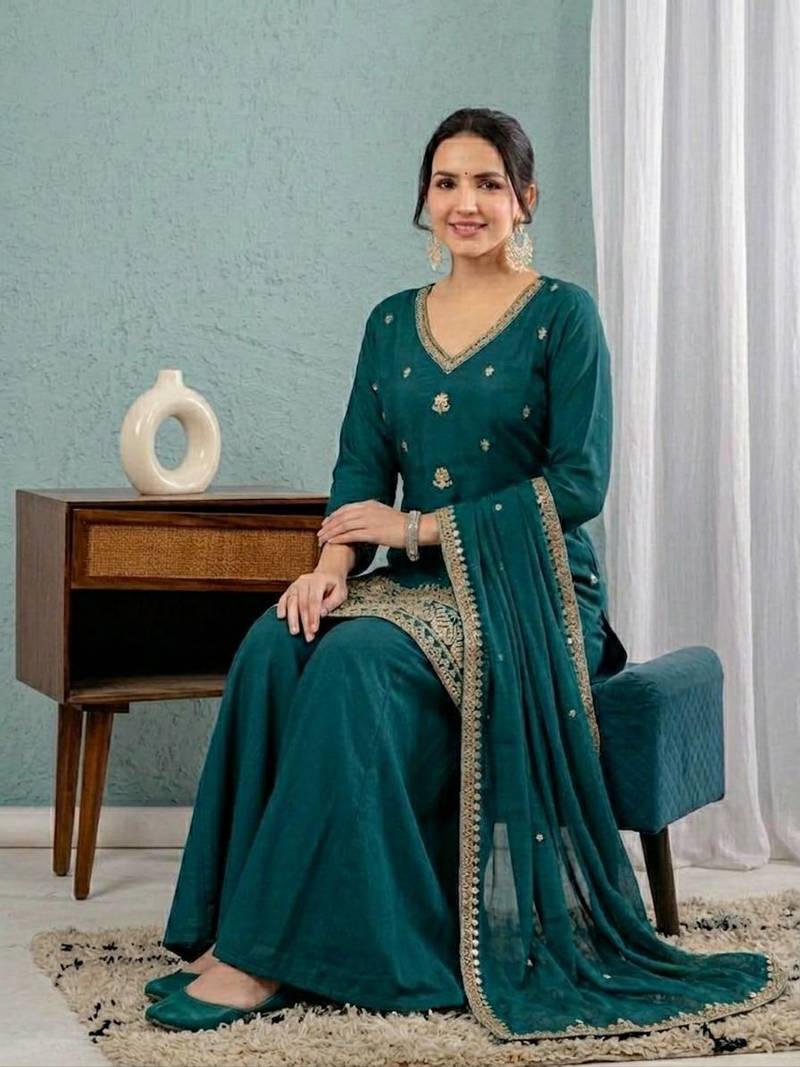 Women's teal green embroidered kurta sharara set with mal chanderi dupatta