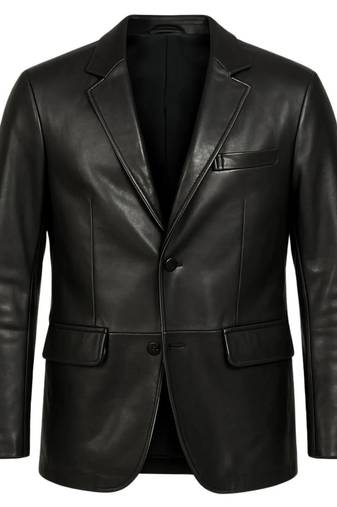 Men's black 100% genuine leather suit blazer coat